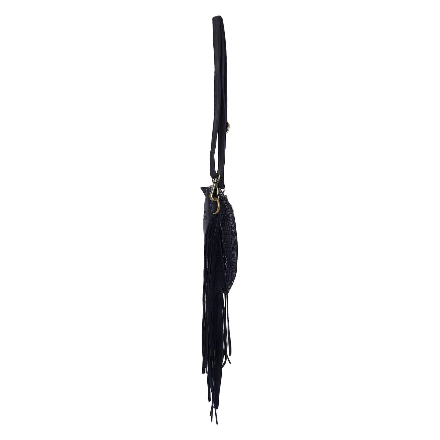 Leather Suede Fringed Women Sling - Black Croco Print