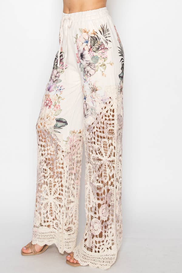 Crochet-Detail Lined Drawstring Pants-4899BG WC FL