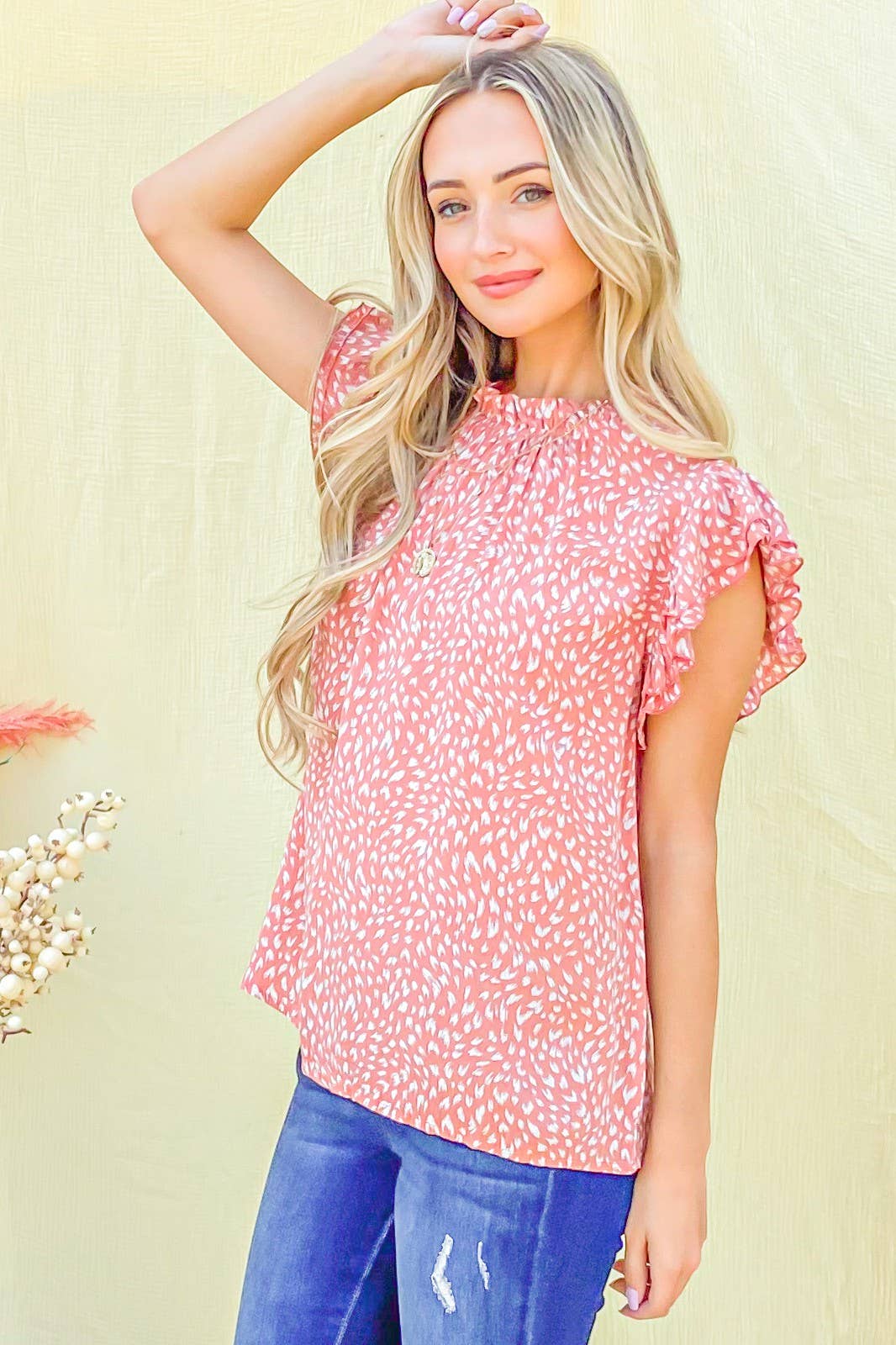 ATW14768-1 - Leopard Printed Ruffle Baby Doll Top: M / PINK