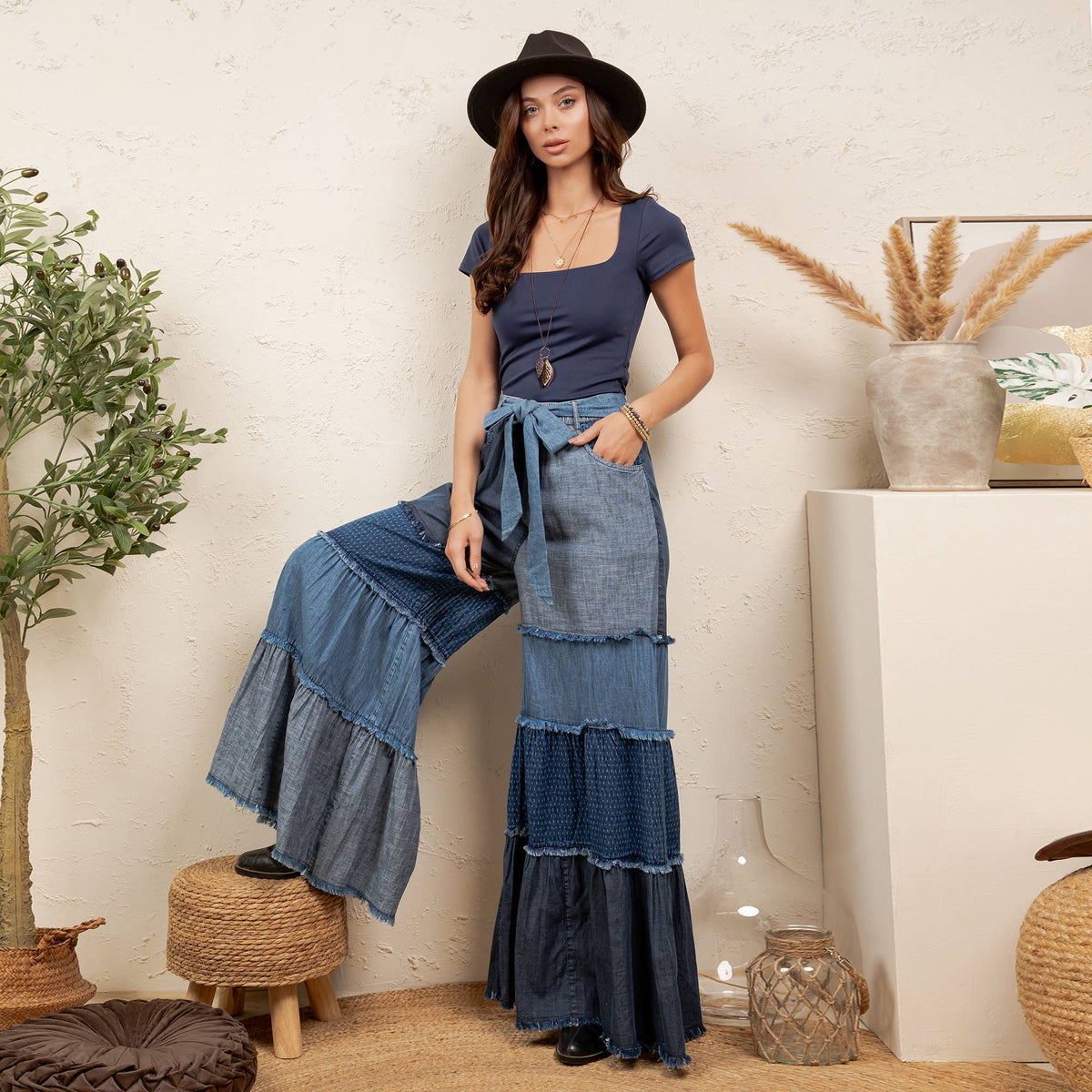 Boho Mixed-Denim Bell-Bottom Pant