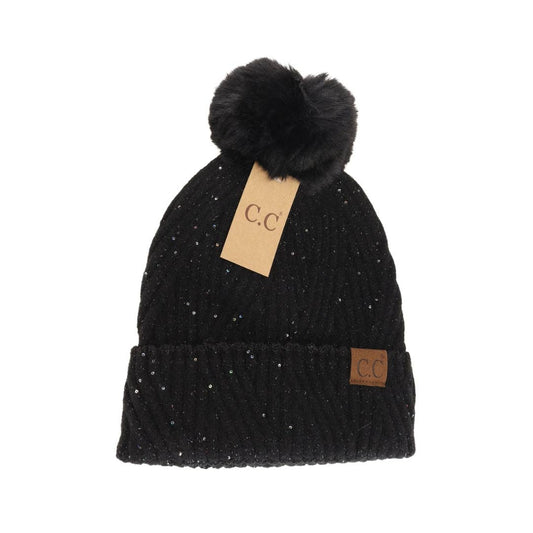 Sequin Faux Fur Pom C.C Beanie HTS0006