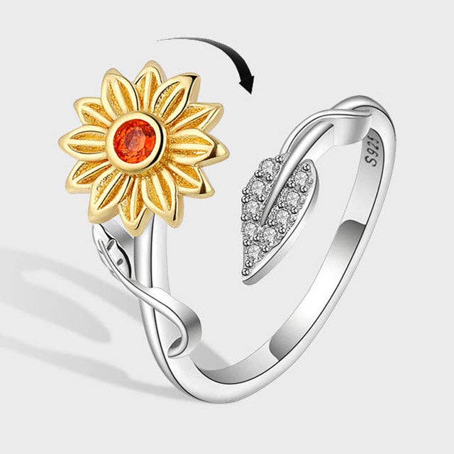 Sunflower Anxiety Fidget Spinner Ring in 925 Sterling Silver