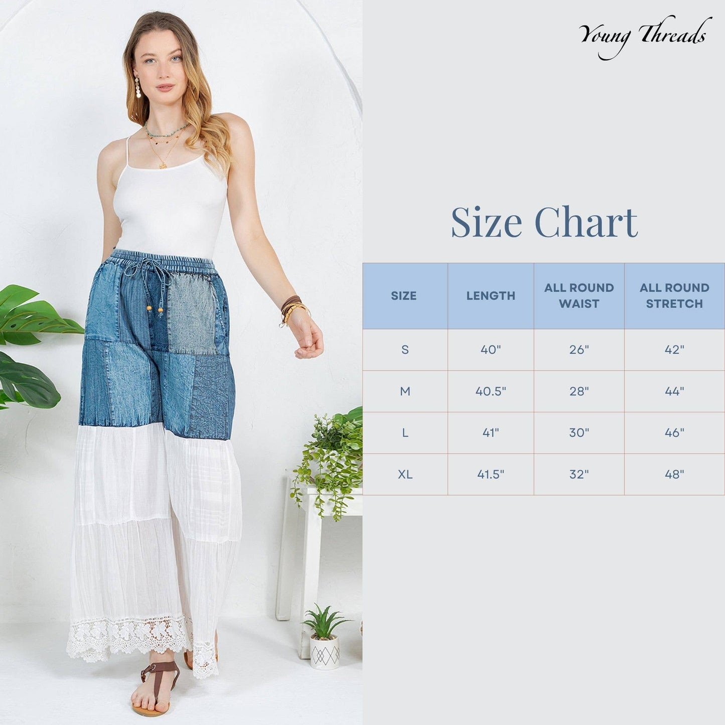 Boho-Inspired Long Denim Pants with Solid Patches