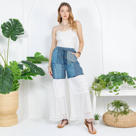 Boho-Inspired Long Denim Pants with Solid Patches