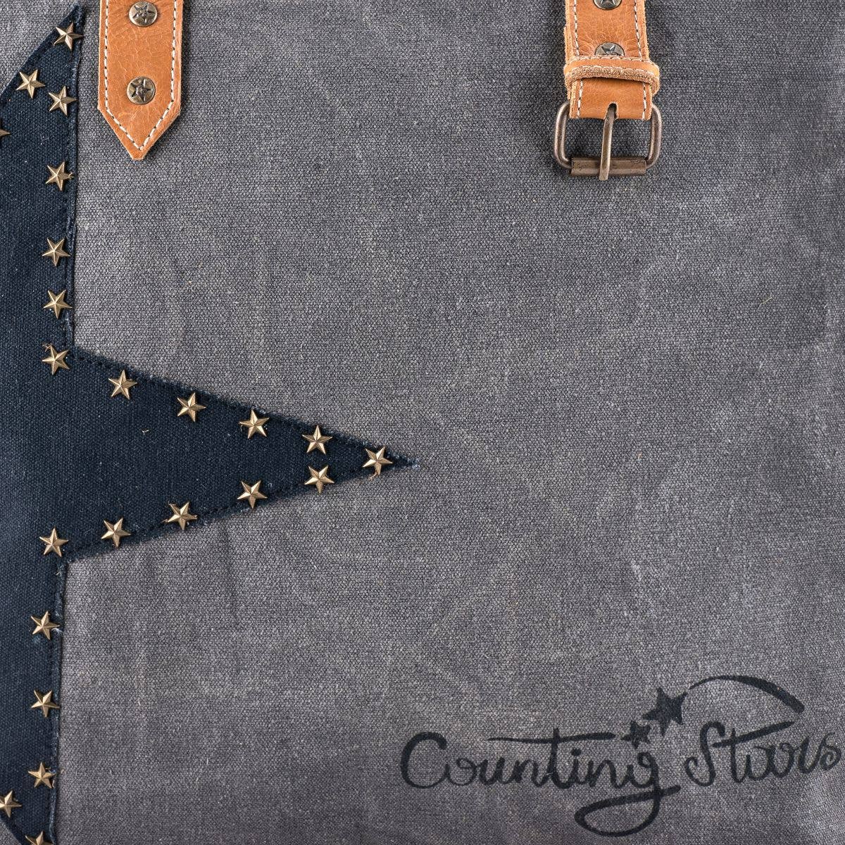 Canvas Leather Metal Stars Women's Tote Bag - Gray