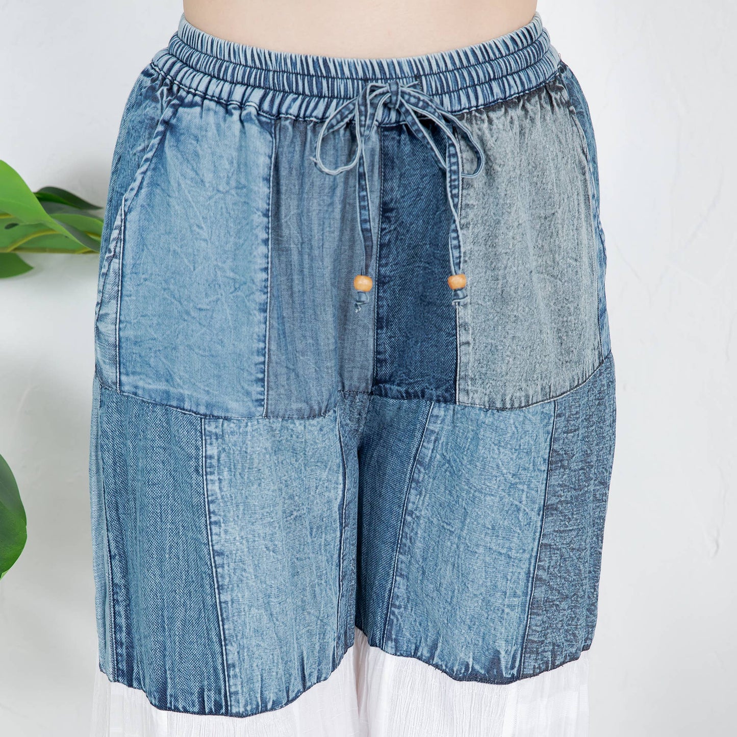 Boho-Inspired Long Denim Pants with Solid Patches