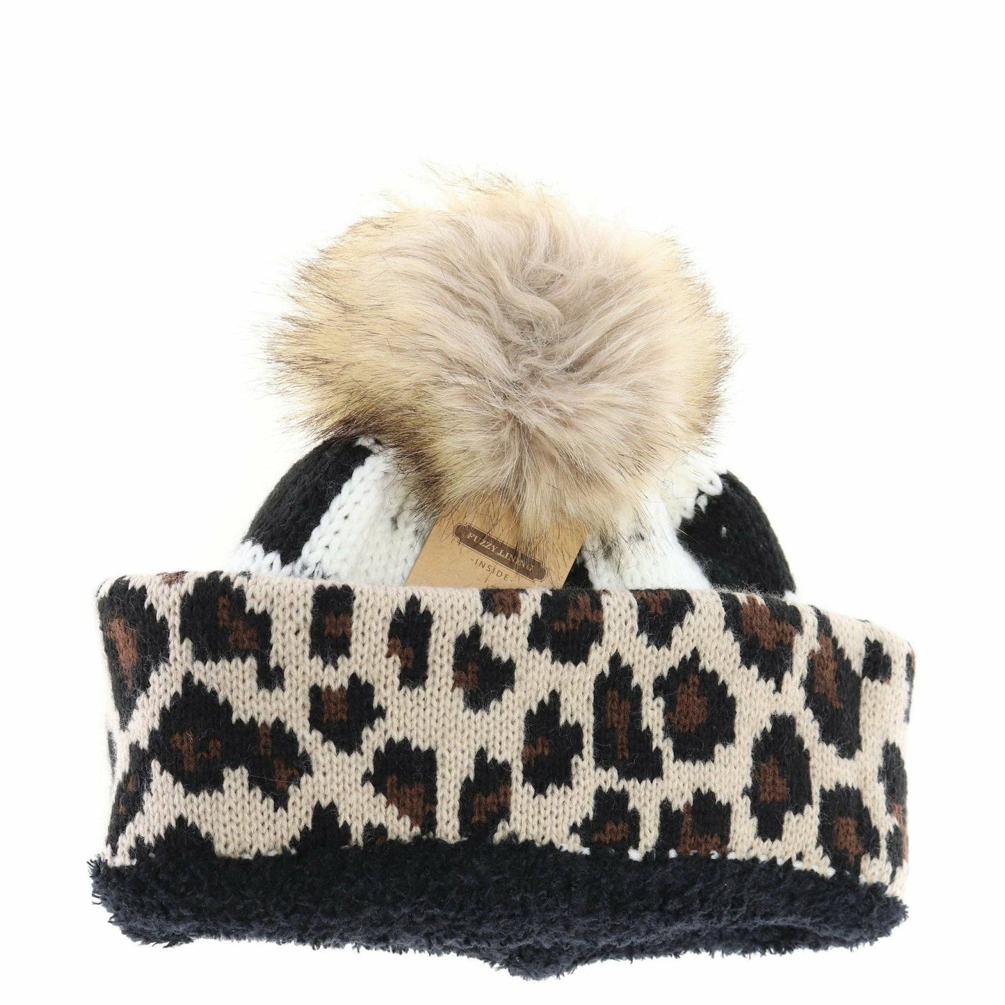 Leopard/Buffalo Mixed Print Fur Pom C.C Beanie HAT2084
