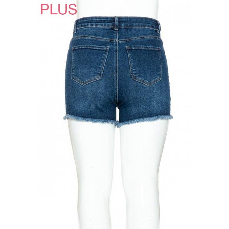 PLUS MID RISE DESTRUCTED DENIM SHORTS: DARK / 3XL