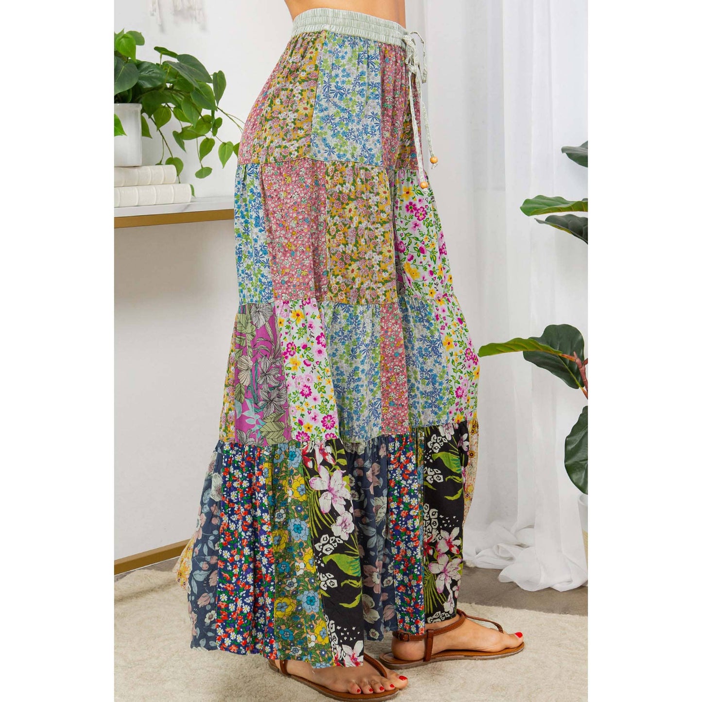 Printed Patchwork Overdyed Pants With 4 Tiers