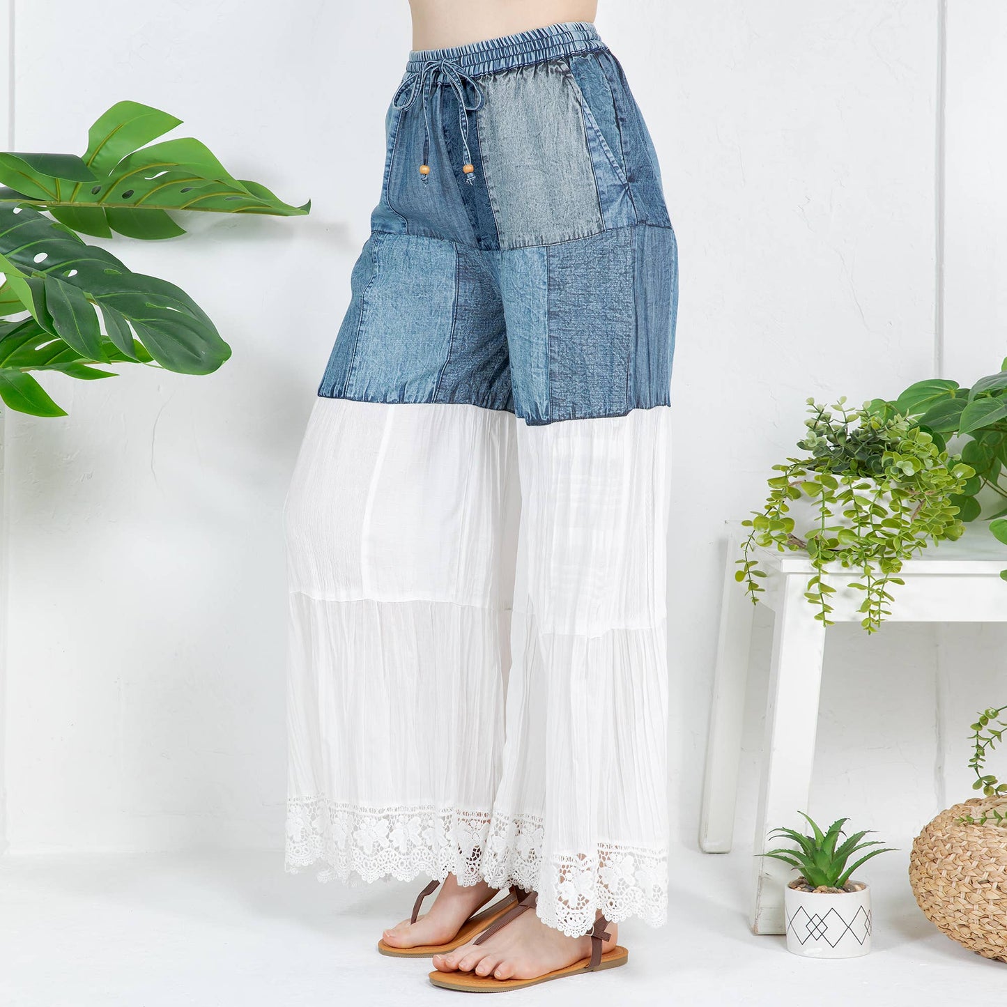 Boho-Inspired Long Denim Pants with Solid Patches