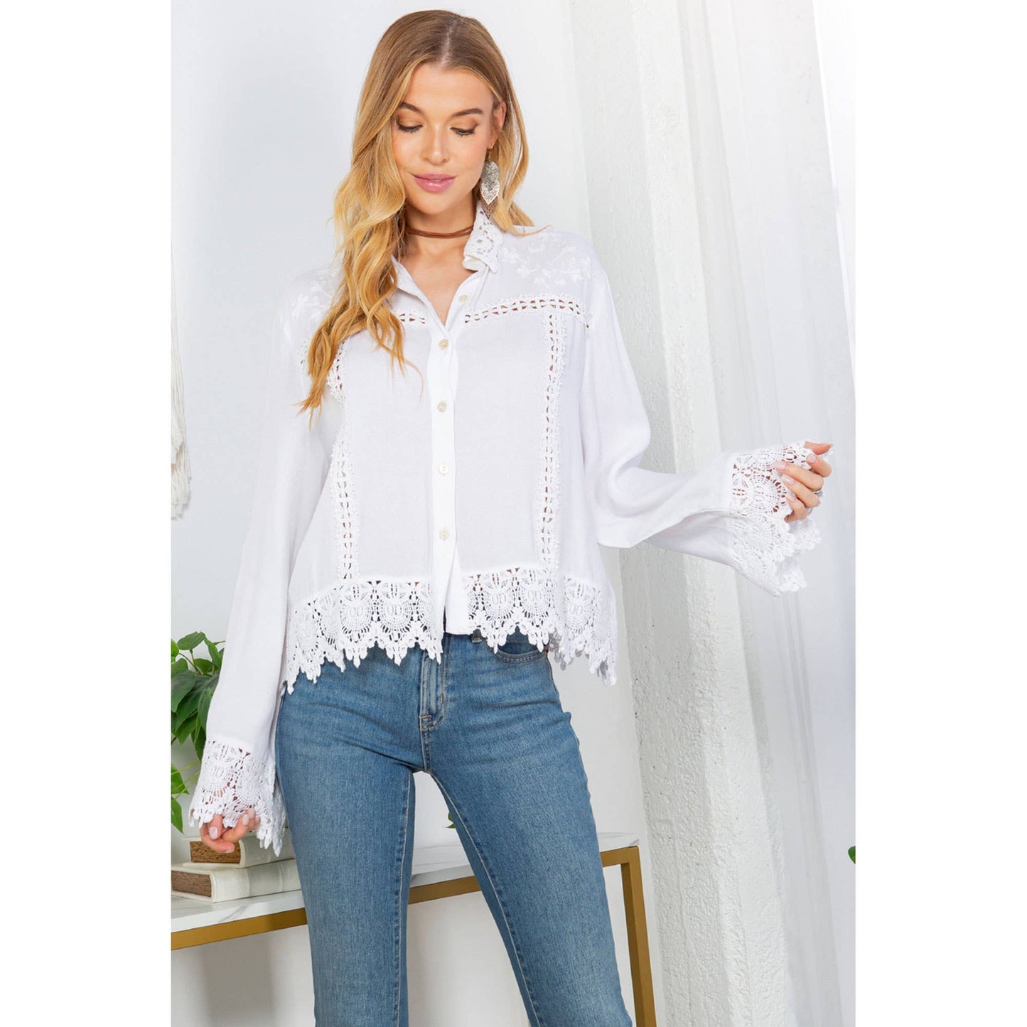 Lace-Inspired Trucker Jacket Top Lace Inserts, Soft Collar
