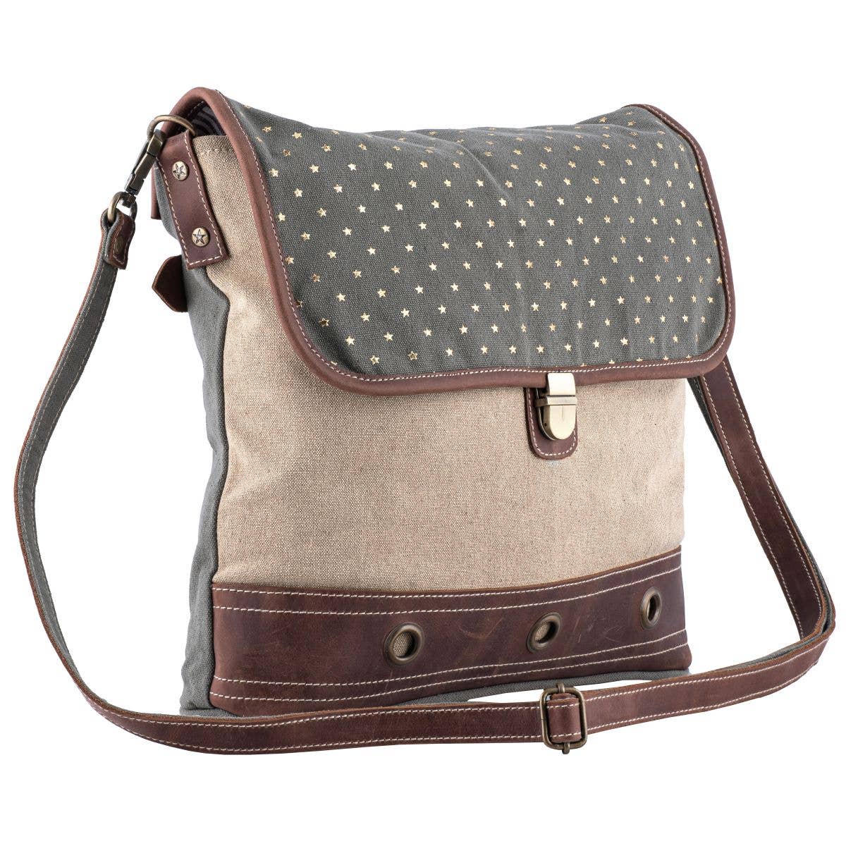 Canvas Leather "Gold Stars" Women Shoulder Bag - Sand/green