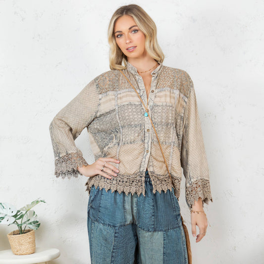 Chic Lace Patch Shacket with White Shell Buttons