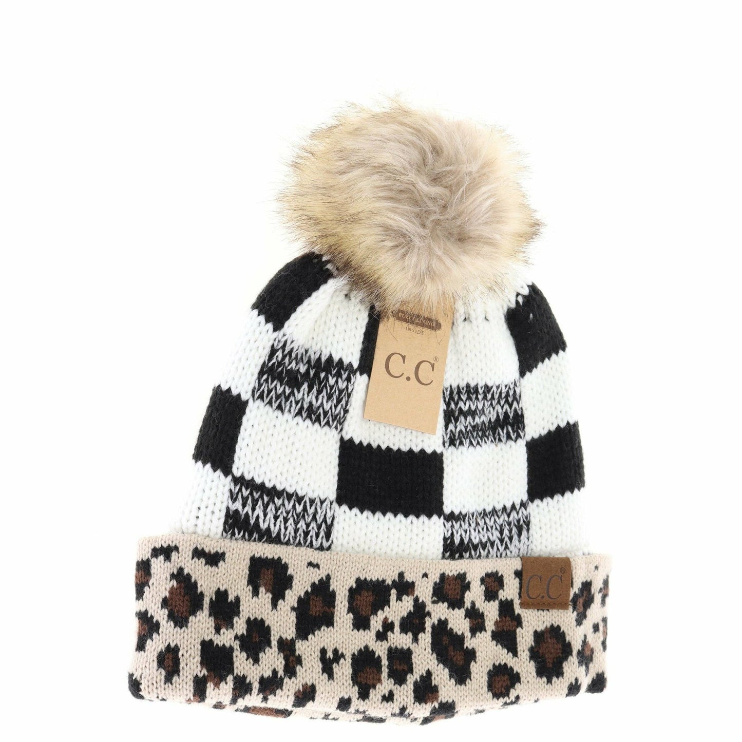 Leopard/Buffalo Mixed Print Fur Pom C.C Beanie HAT2084