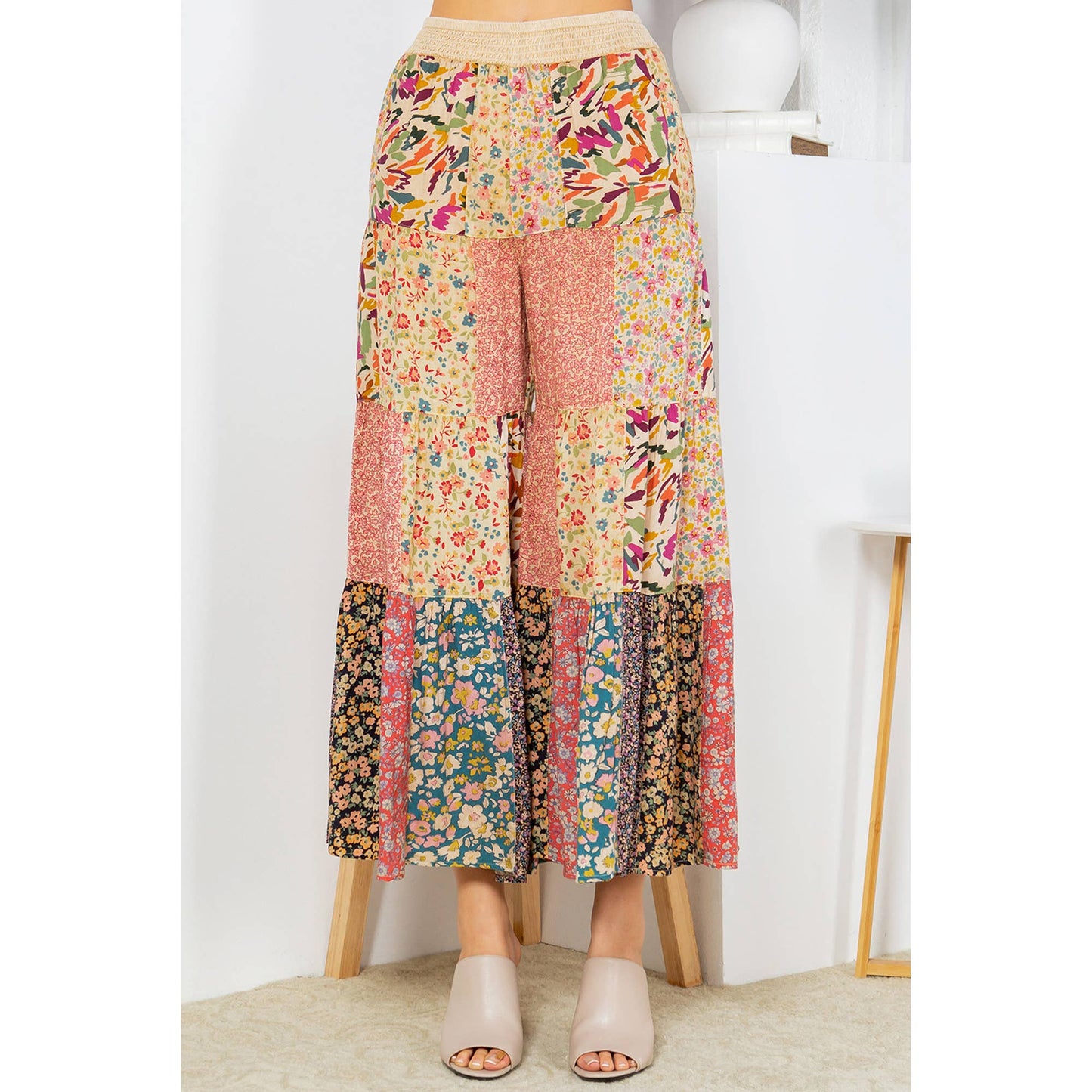 Printed Patchwork Overdyed Pants With 4 Tiers