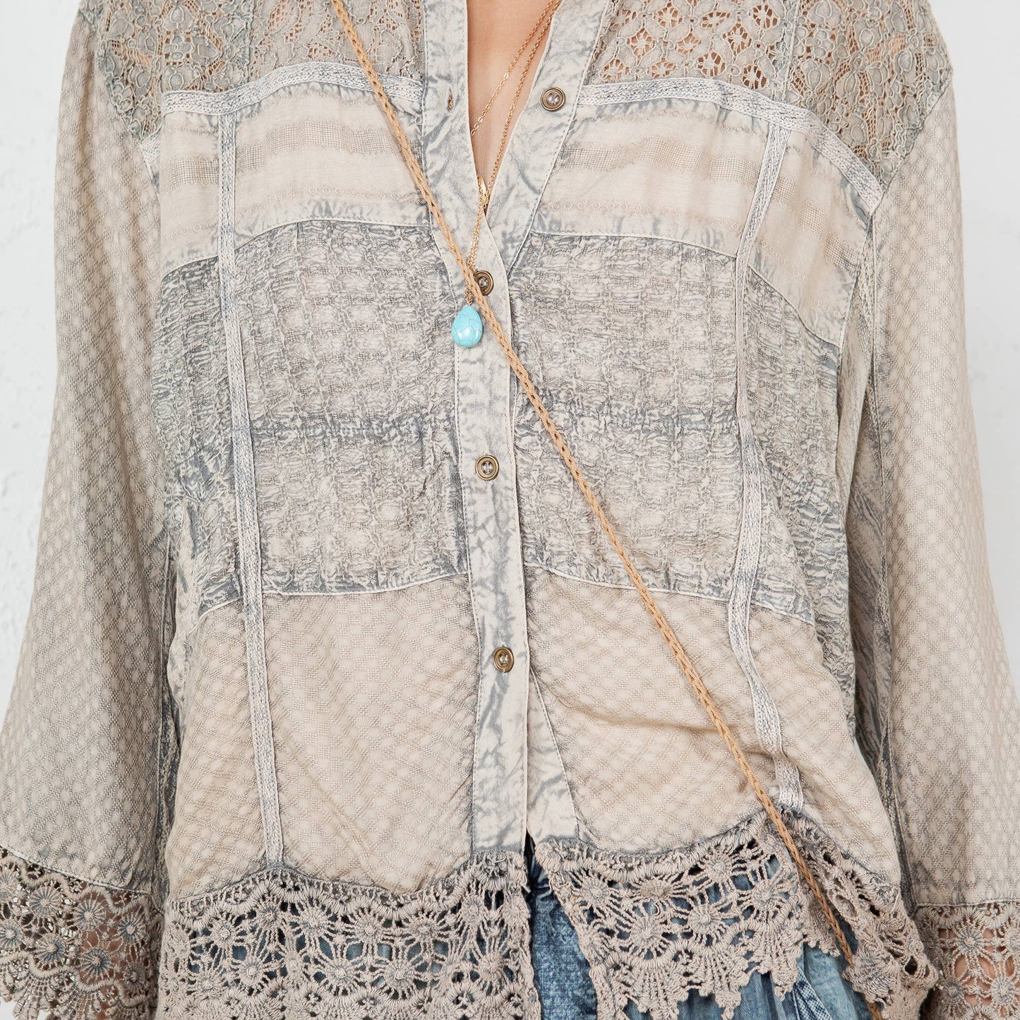 Chic Lace Patch Shacket with White Shell Buttons