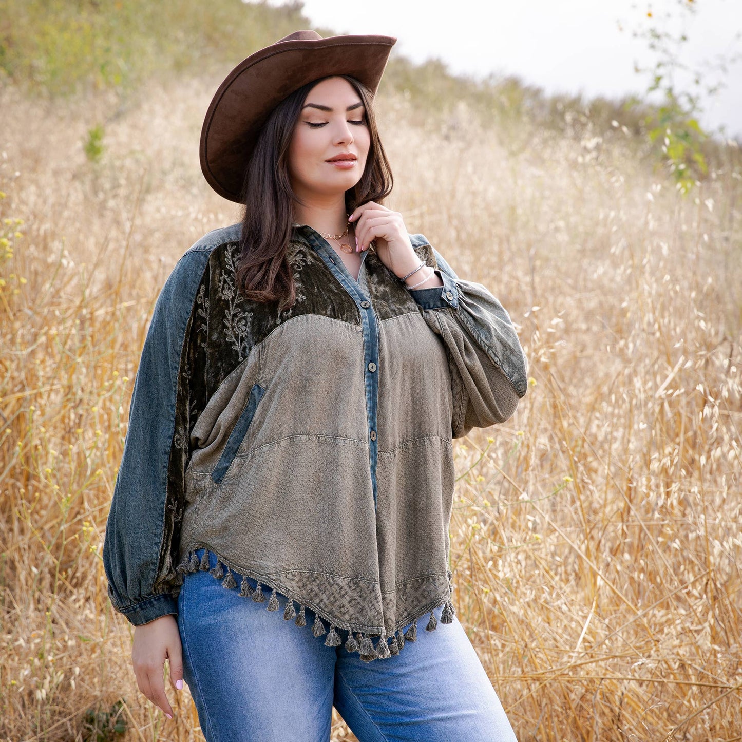 Boho Embroidered Velvet & Denim Shacket Top NEW