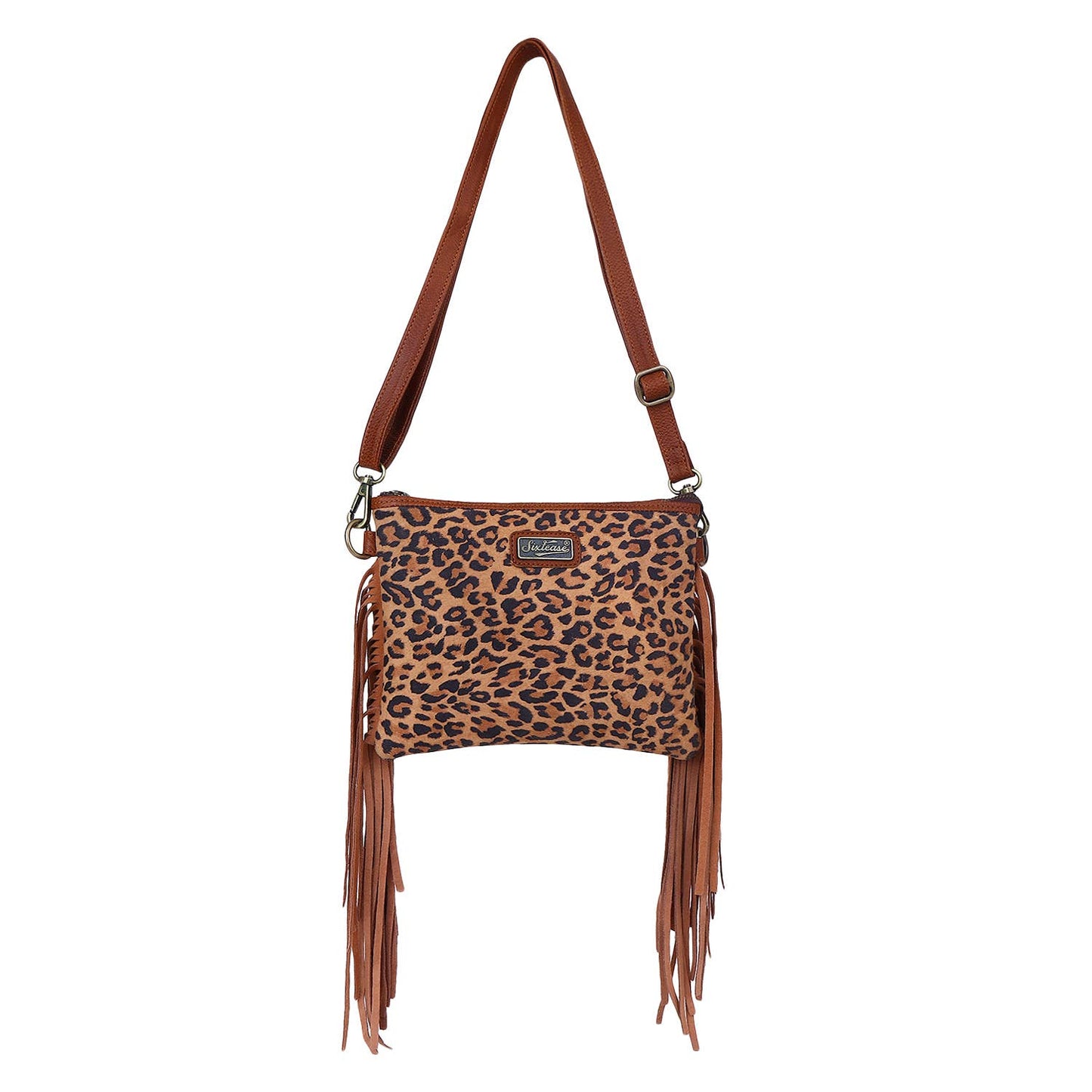 Leather Suede Fringed Women Sling - Brown Tan Leopard Print