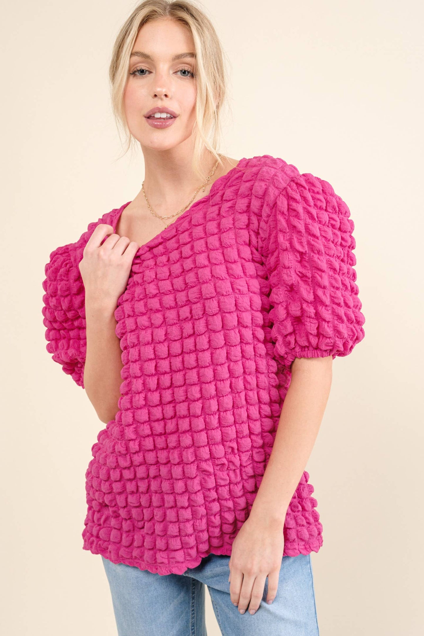 ATW14905 - Bubble Textured Round Neck Blouse Top: M / Fuchsia