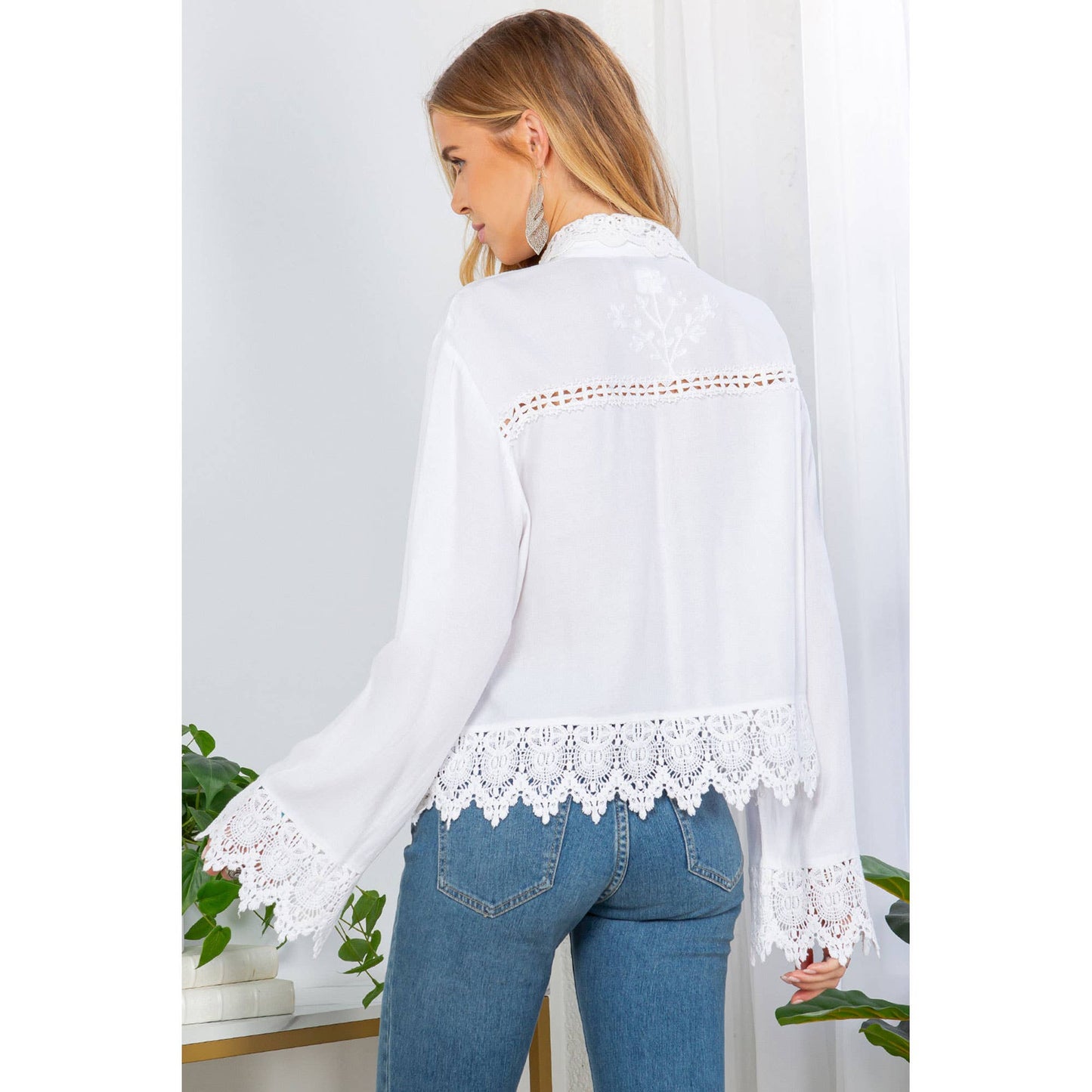 Lace-Inspired Trucker Jacket Top Lace Inserts, Soft Collar