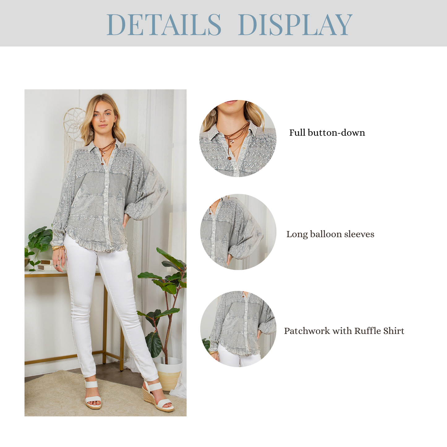 Bohemian Stonewashed Rayon Bat Sleeves Top With Shirt Collar