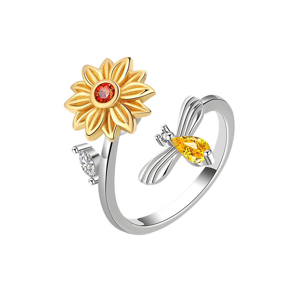 Sunflower Anxiety Fidget Spinner Ring in 925 Sterling Silver