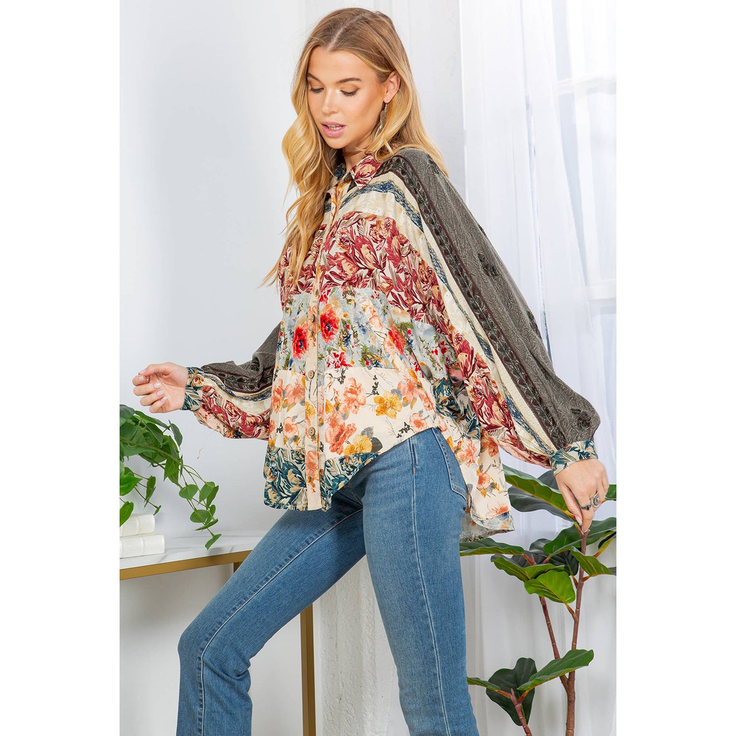Bishop Sleeves Loose Western Printed Shirt Top