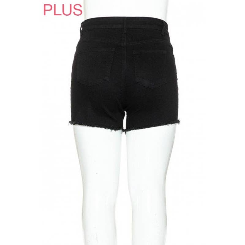 PLUS MID RISE DESTRUCTED DENIM SHORTS: DARK / 3XL