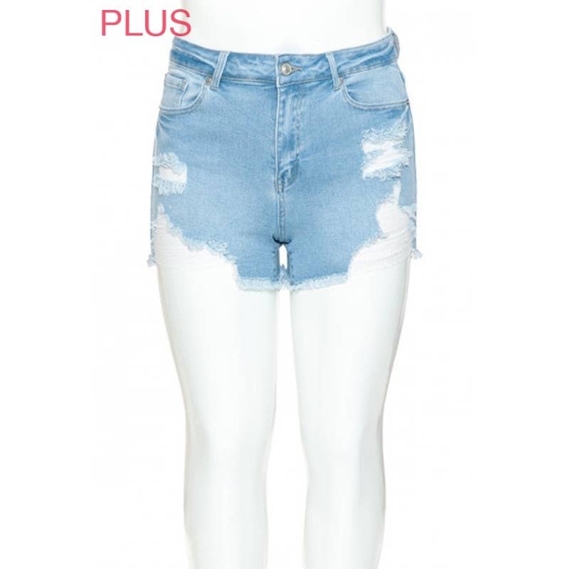 PLUS MID RISE DESTRUCTED DENIM SHORTS: DARK / 3XL