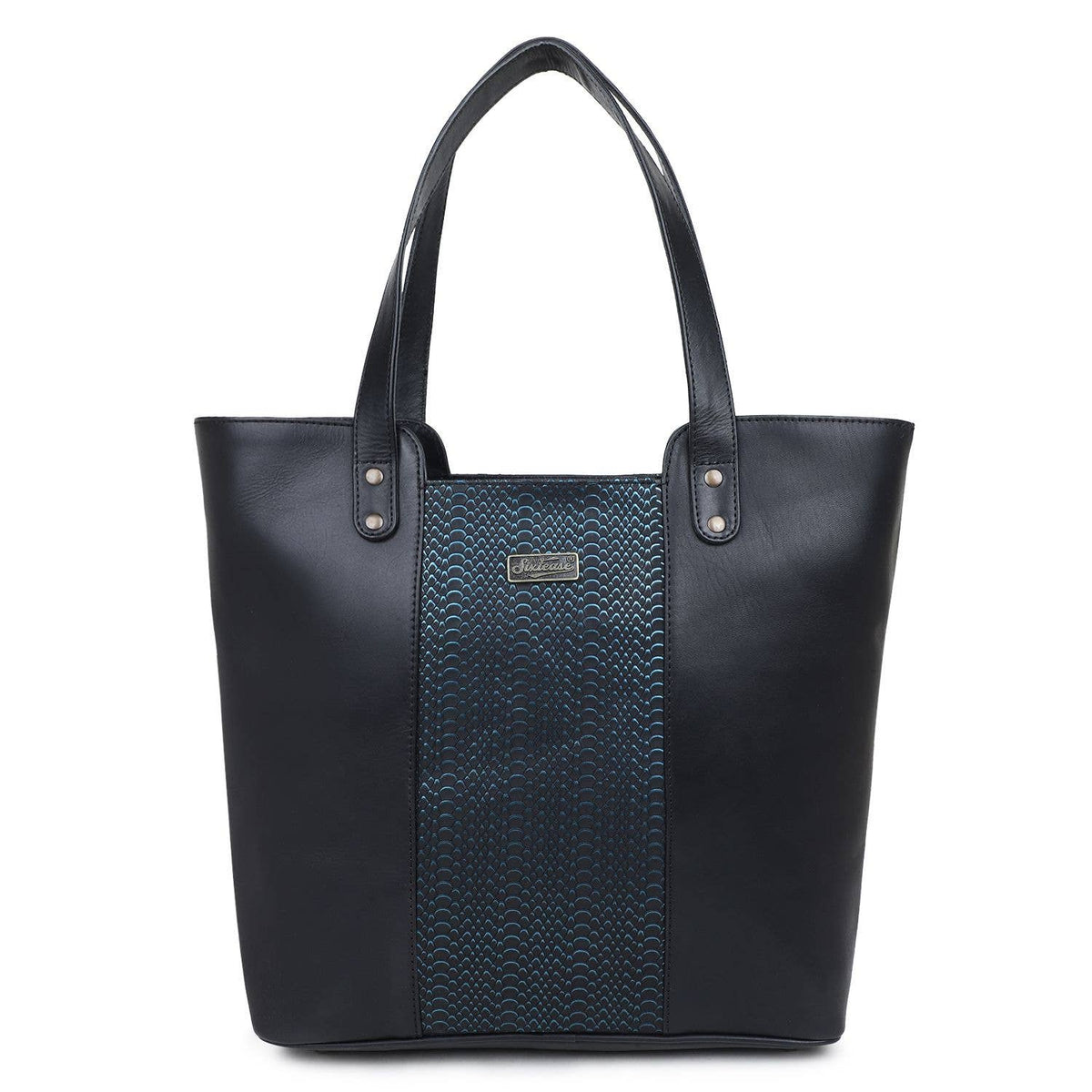 Leather Women's Tote Bag - Black Snake Texture