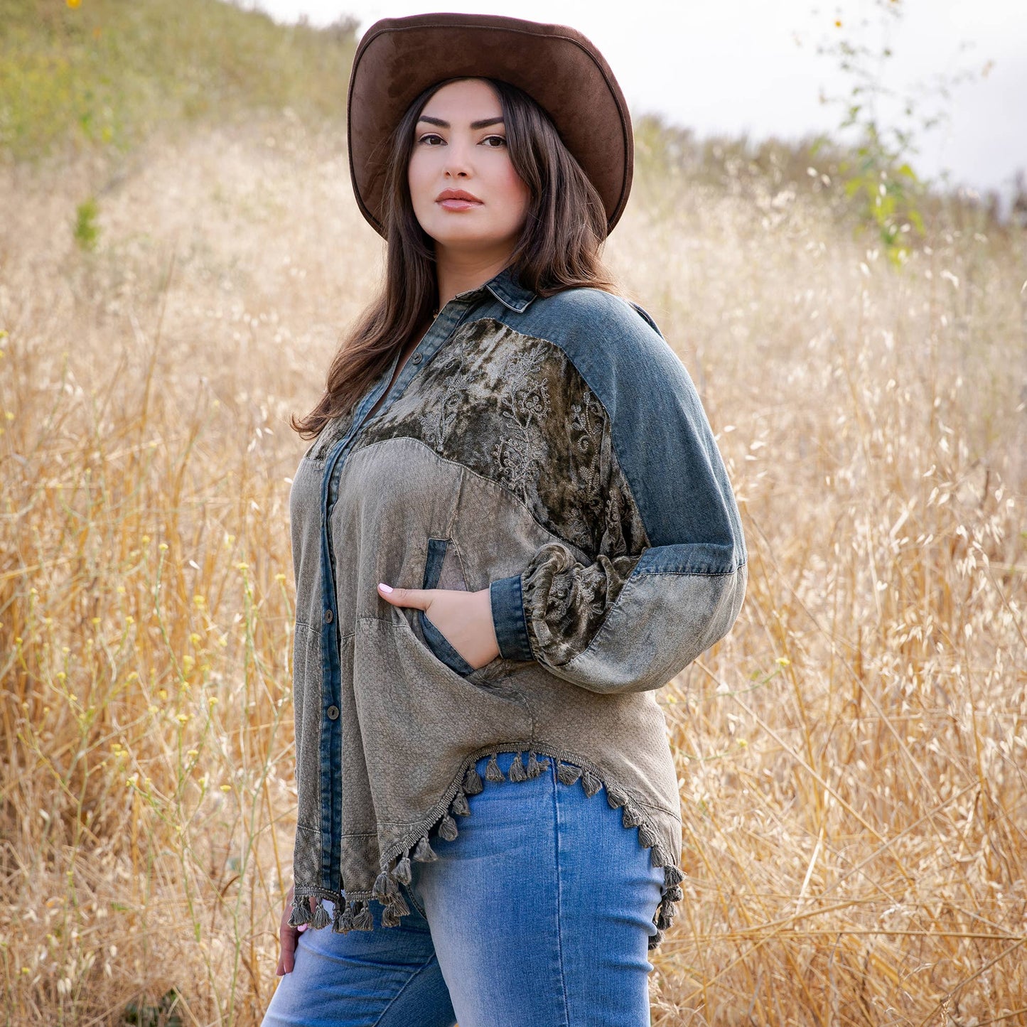 Boho Embroidered Velvet & Denim Shacket Top NEW