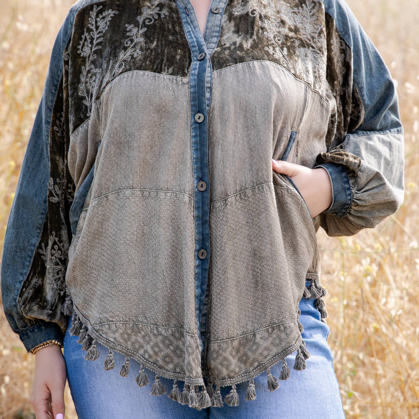 Boho Embroidered Velvet & Denim Shacket Top NEW