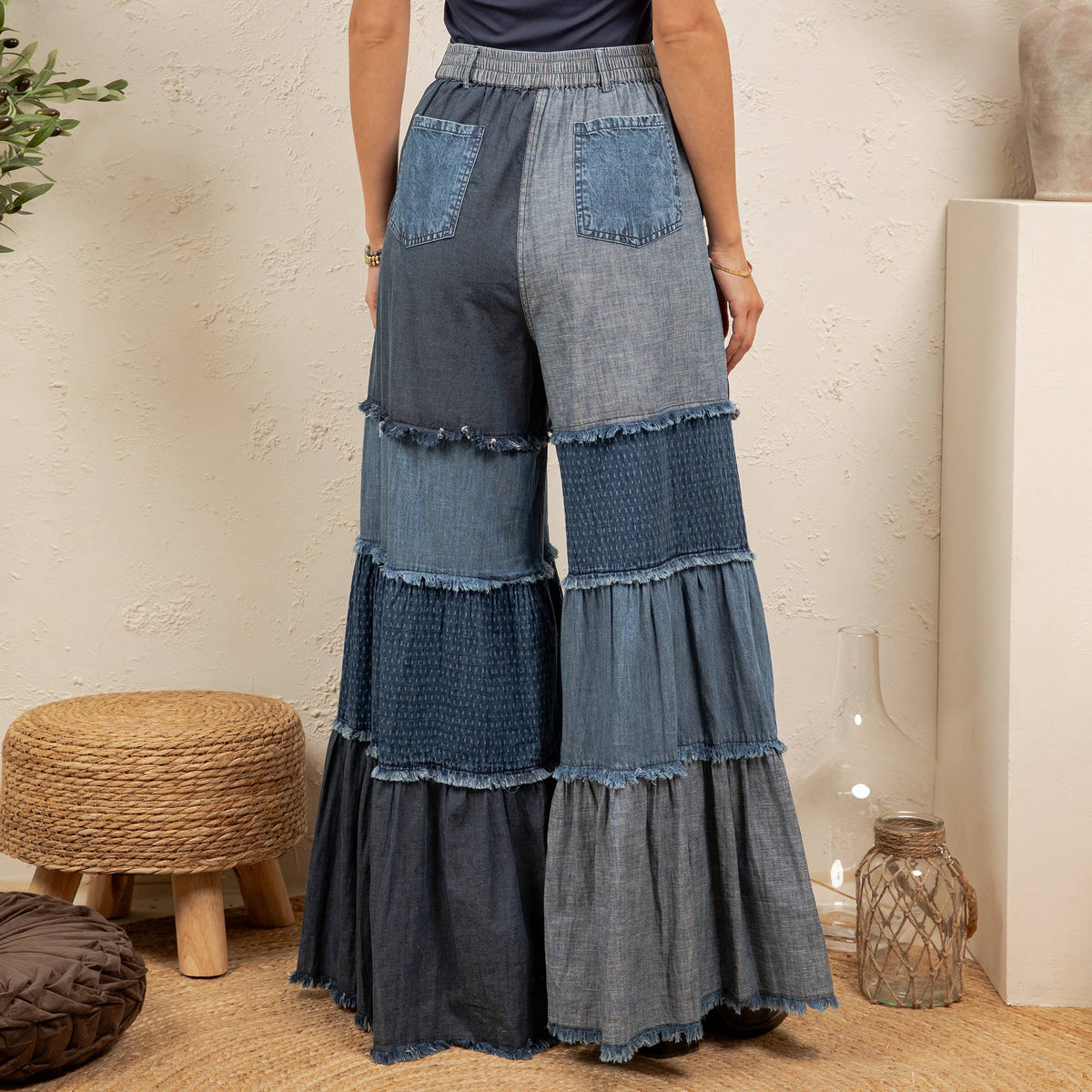 Boho Mixed-Denim Bell-Bottom Pant