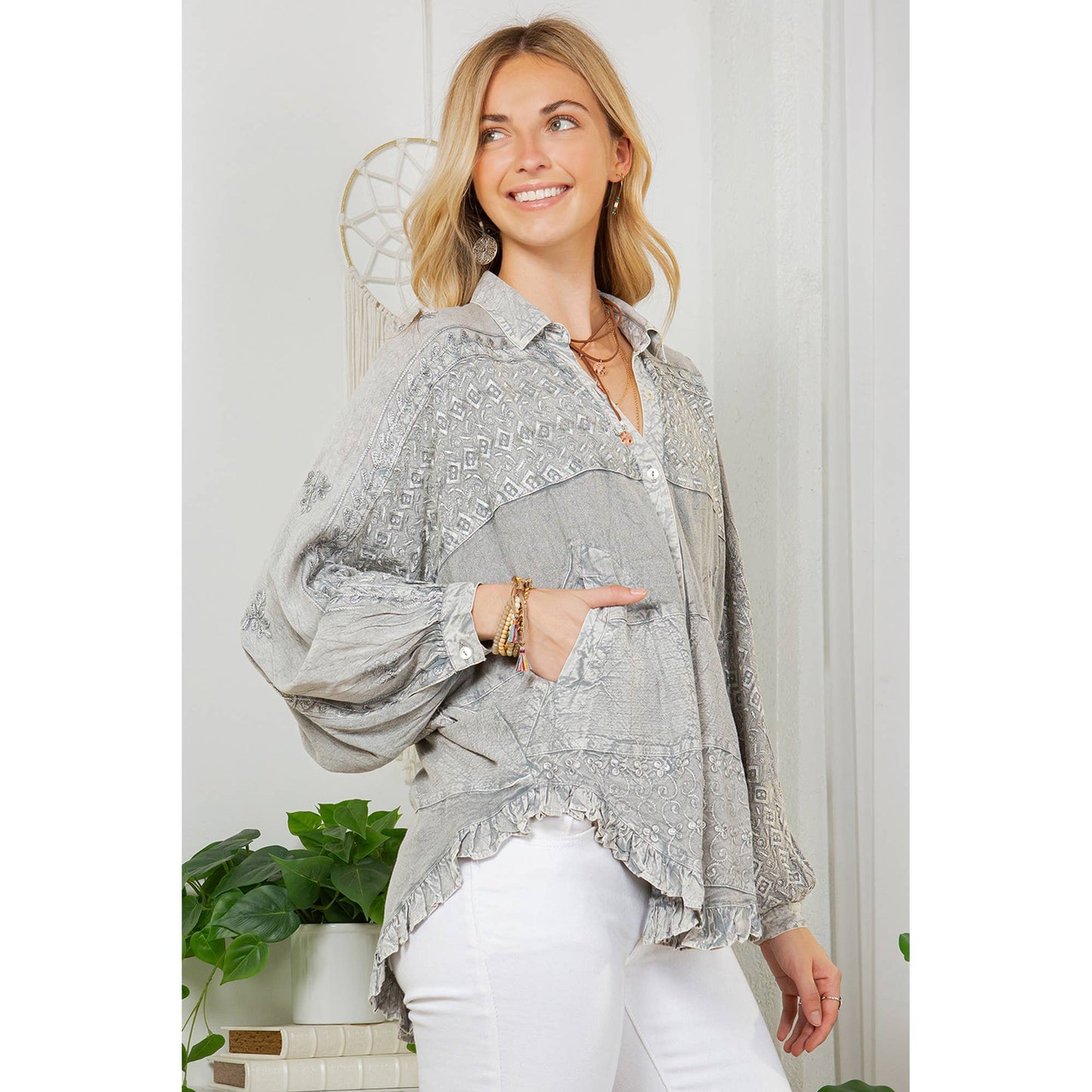 Bohemian Stonewashed Rayon Bat Sleeves Top With Shirt Collar