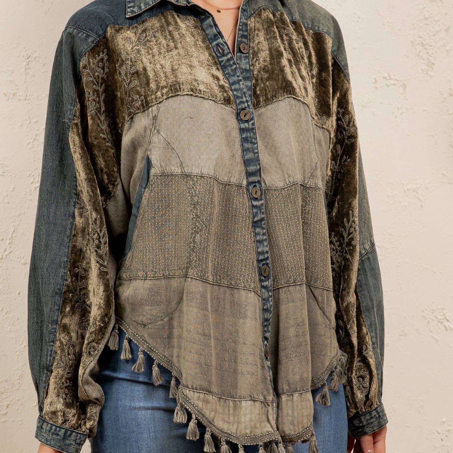 Boho Embroidered Velvet & Denim Shacket Top NEW