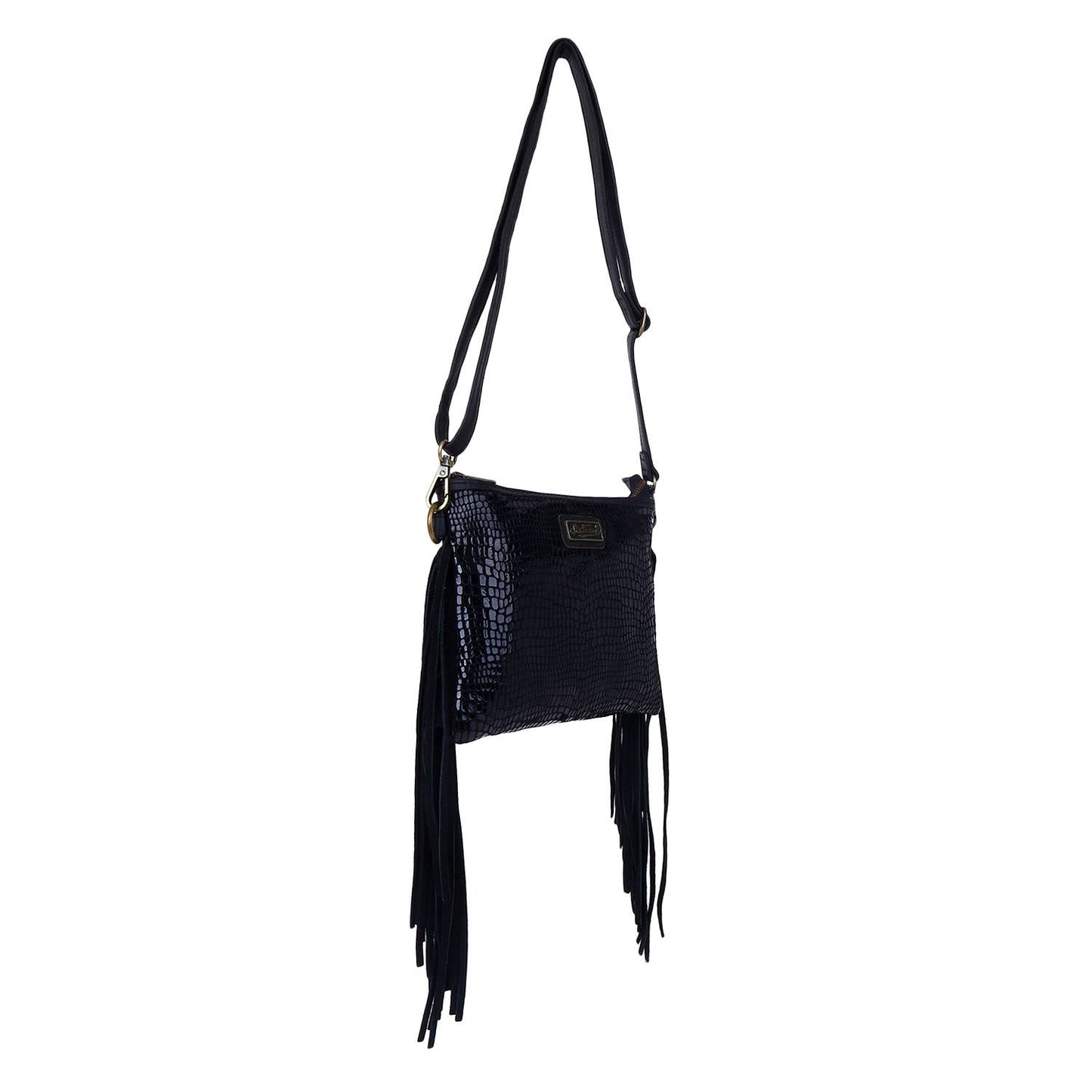 Leather Suede Fringed Women Sling - Black Croco Print