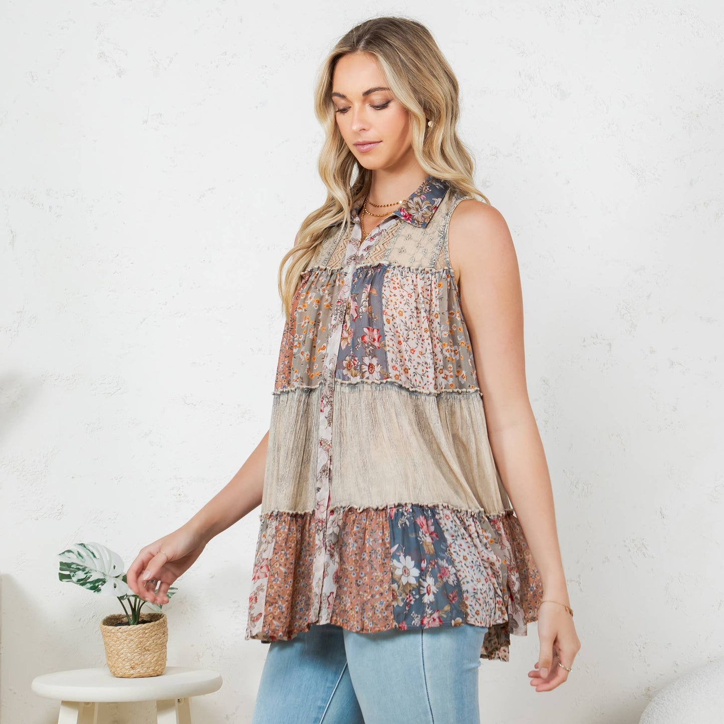 Boho Chic Elegance - Artisan Patchwork Button-Down Top