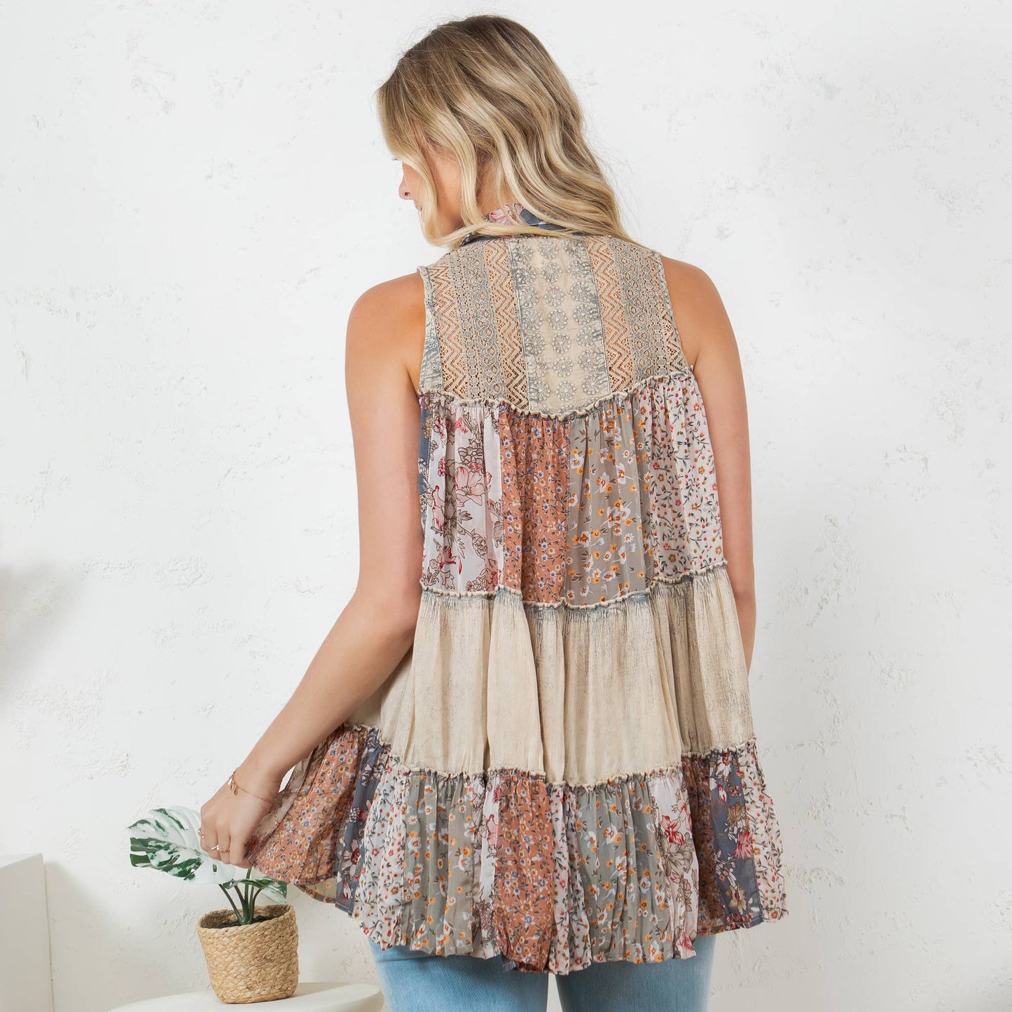 Boho Chic Elegance - Artisan Patchwork Button-Down Top