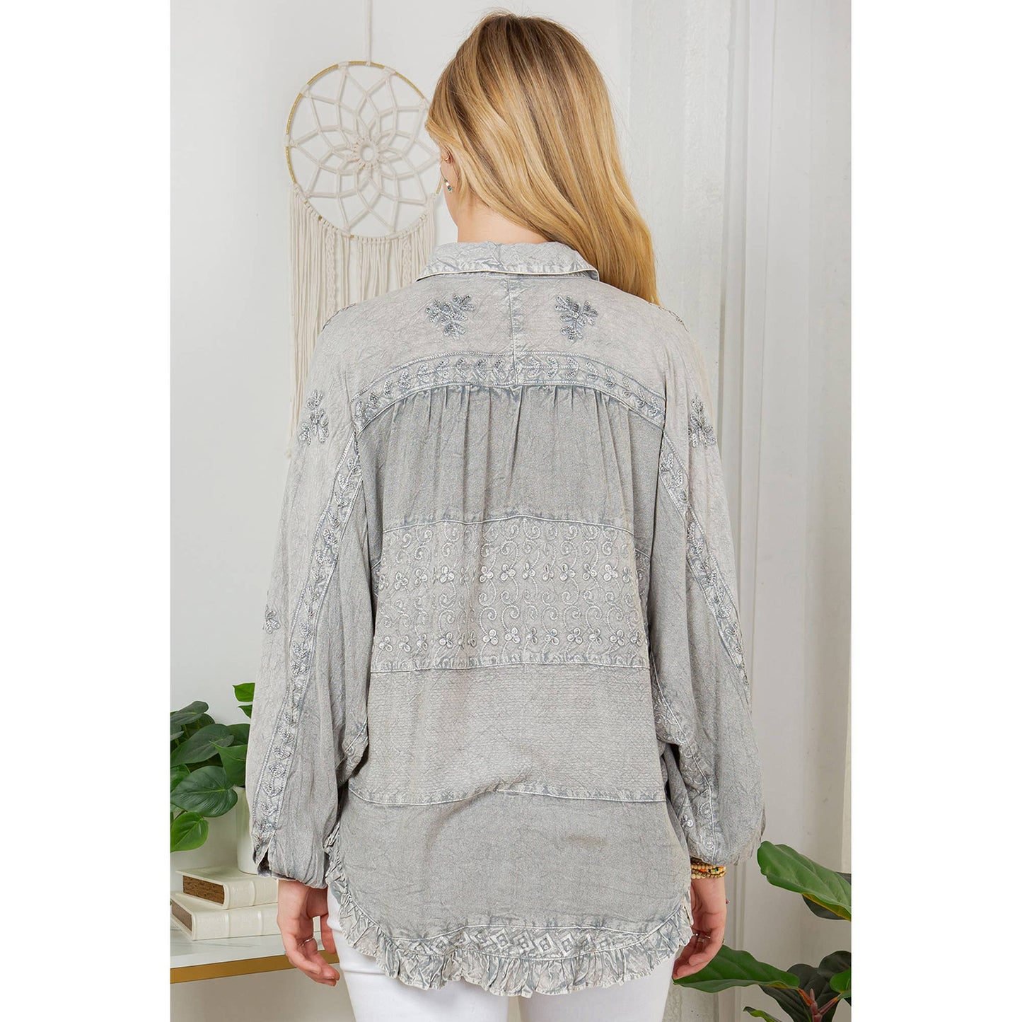 Bohemian Stonewashed Rayon Bat Sleeves Top With Shirt Collar