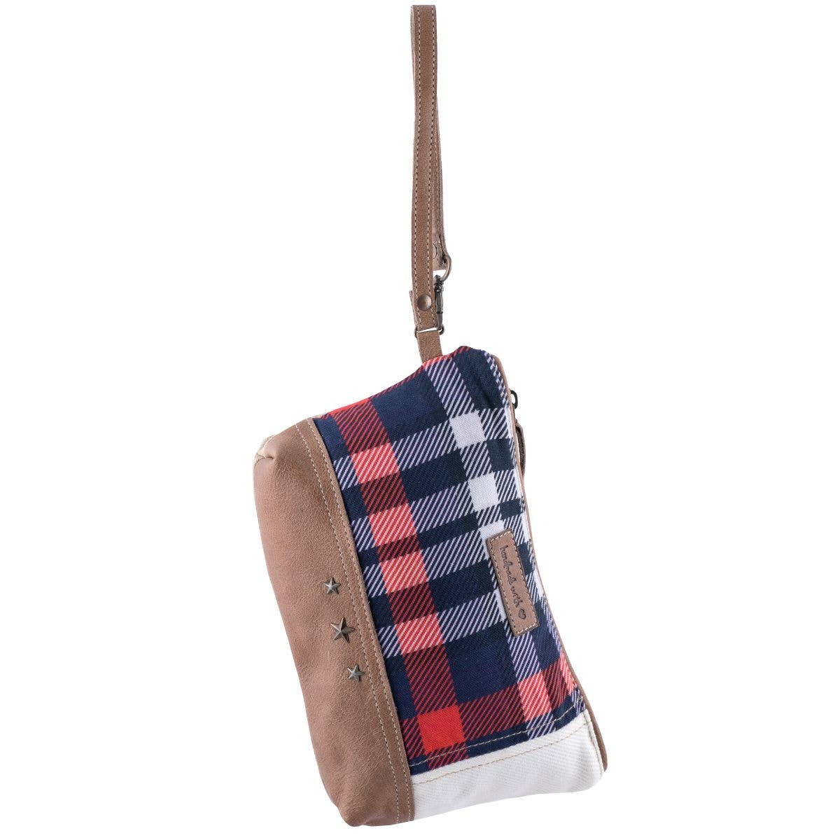 Canvas Leather Plaid Women's Wristlet/pouch - Navy/red