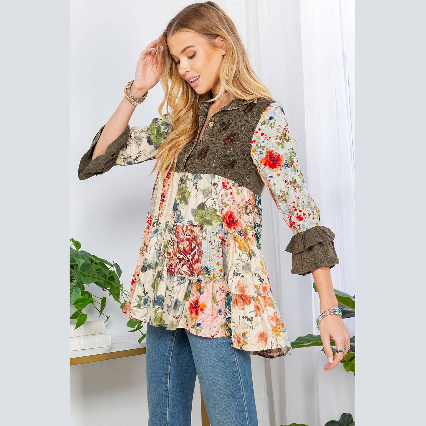 3/4 Ruffle Sleeves Western Blouse Top (New Color)