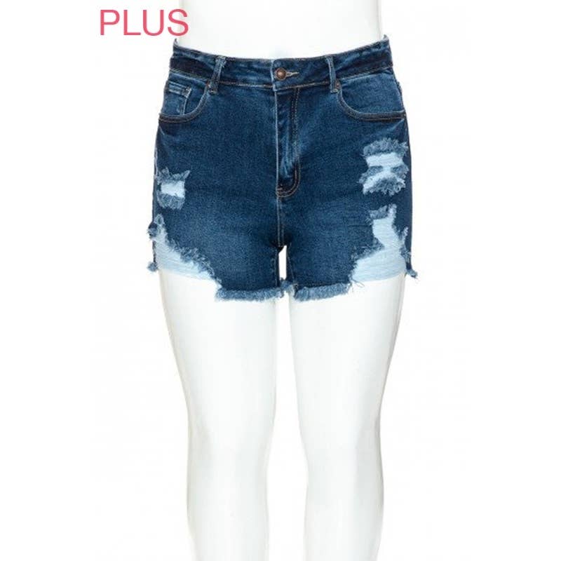 PLUS MID RISE DESTRUCTED DENIM SHORTS: DARK / 3XL