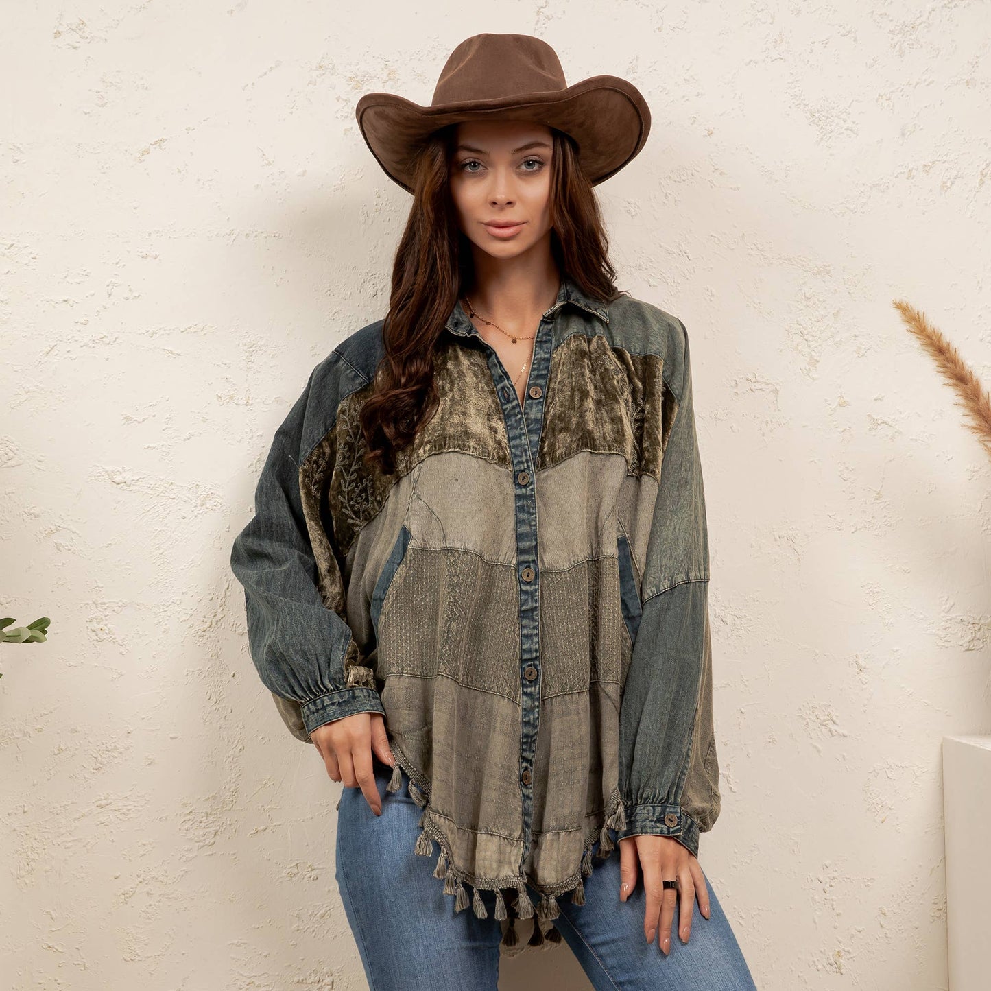 Boho Embroidered Velvet & Denim Shacket Top NEW