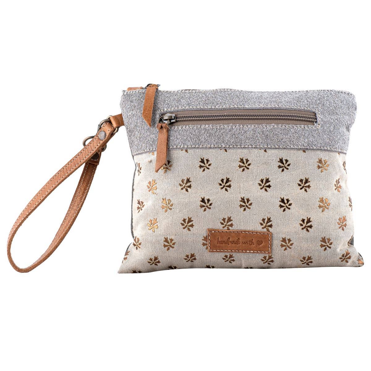Canvas Leather & Cowhide Gold Leaves Women's Wristlet - Gray