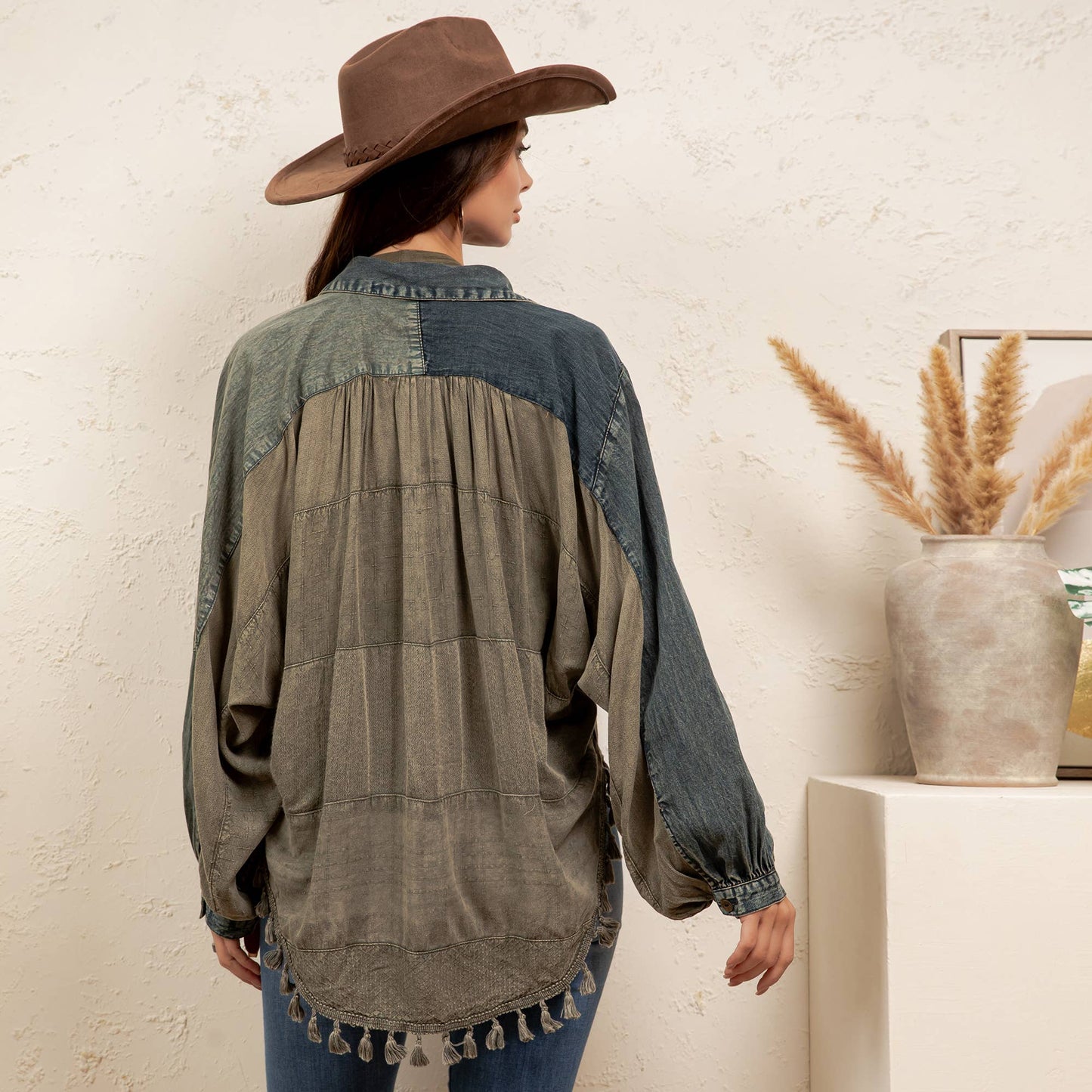 Boho Embroidered Velvet & Denim Shacket Top NEW