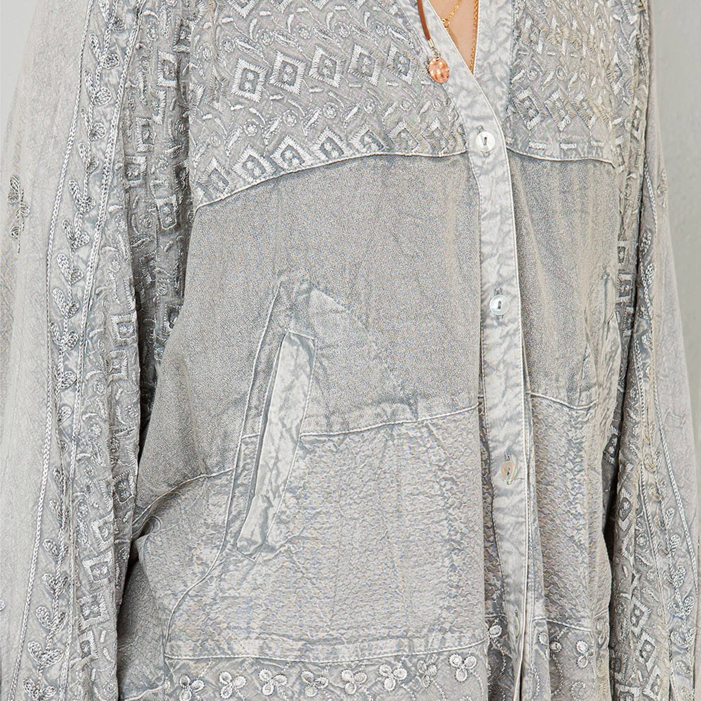 Bohemian Stonewashed Rayon Bat Sleeves Top With Shirt Collar