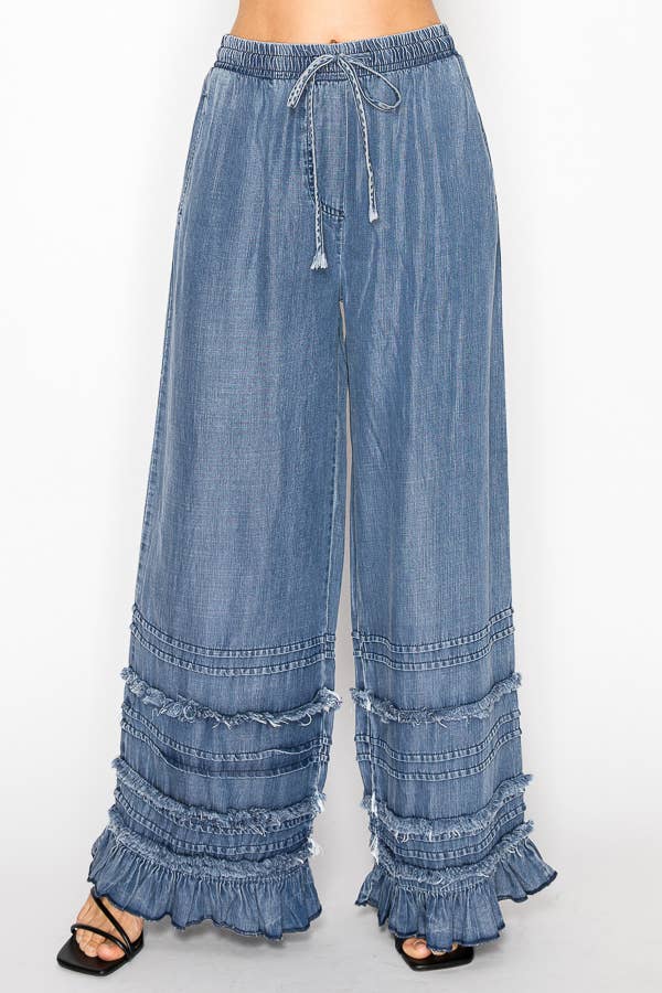Boho Tiered Chambray Wide Leg Palazzo Pants