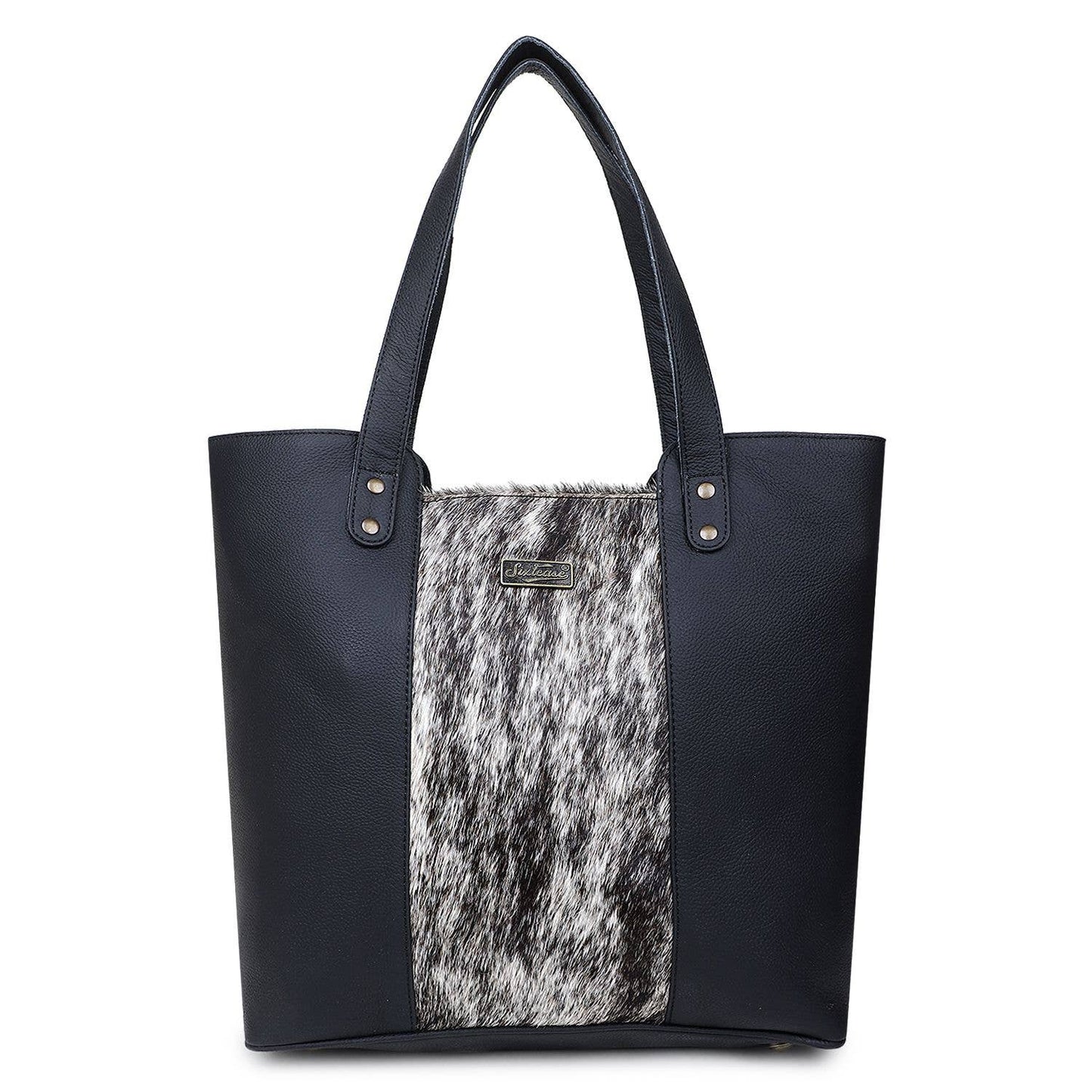 Leather and Cowhide Women's Tote Bag - Black White