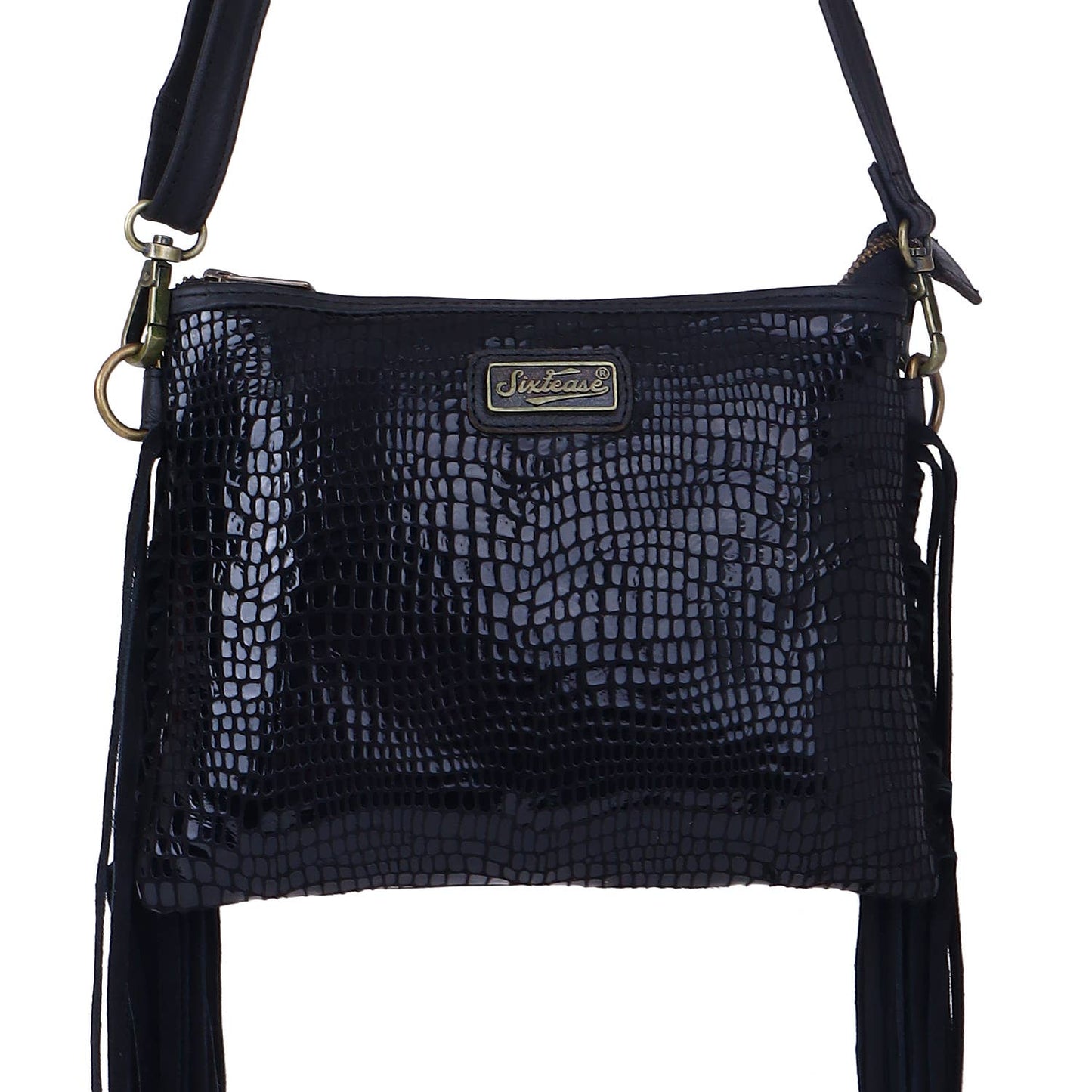 Leather Suede Fringed Women Sling - Black Croco Print