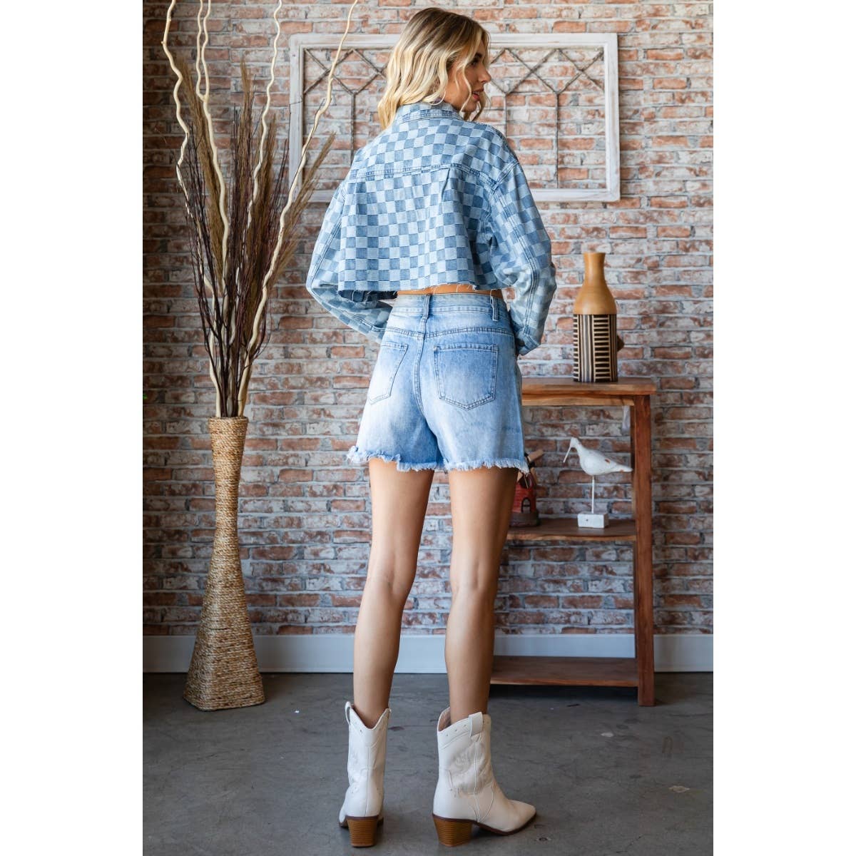 Checkered Print Cutted Hem Cropped Denim Top